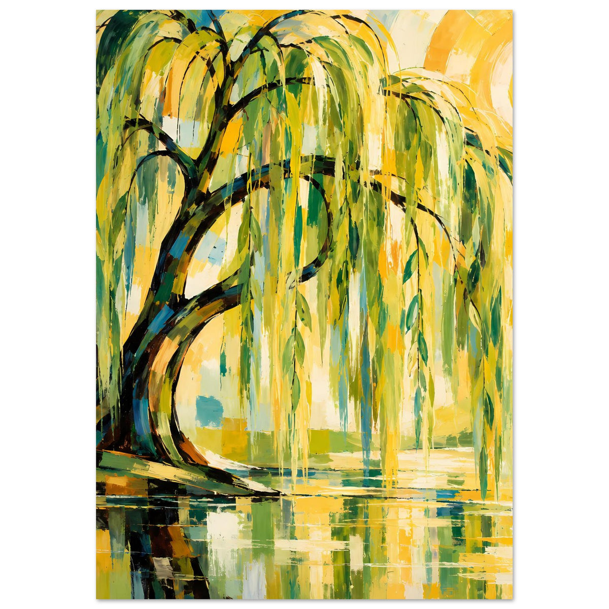 Poster mit Weidenbaum-Gemälde, grünen Tropfenblättern, gelbem Himmel und Spiegelung