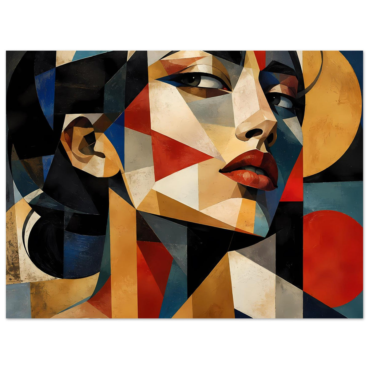 Geometrisches Porträtposter, querformat: abstraktes Gesicht mit dunklen Flächen und rotem Kreis