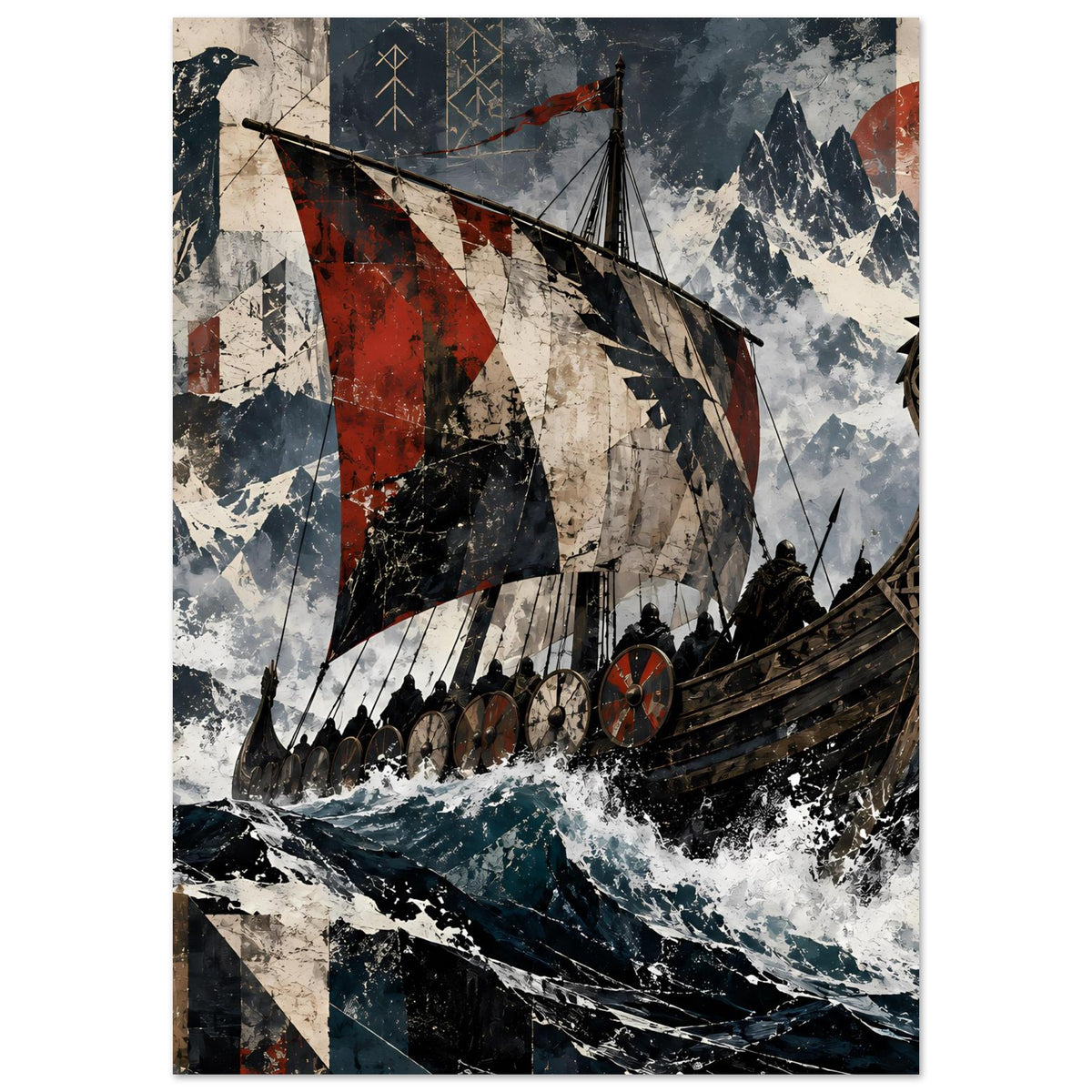 Wikinger-Langschiff Poster, vertikal: Segel mit Mustern, Drachenkopf am Bug, Spritzwasser