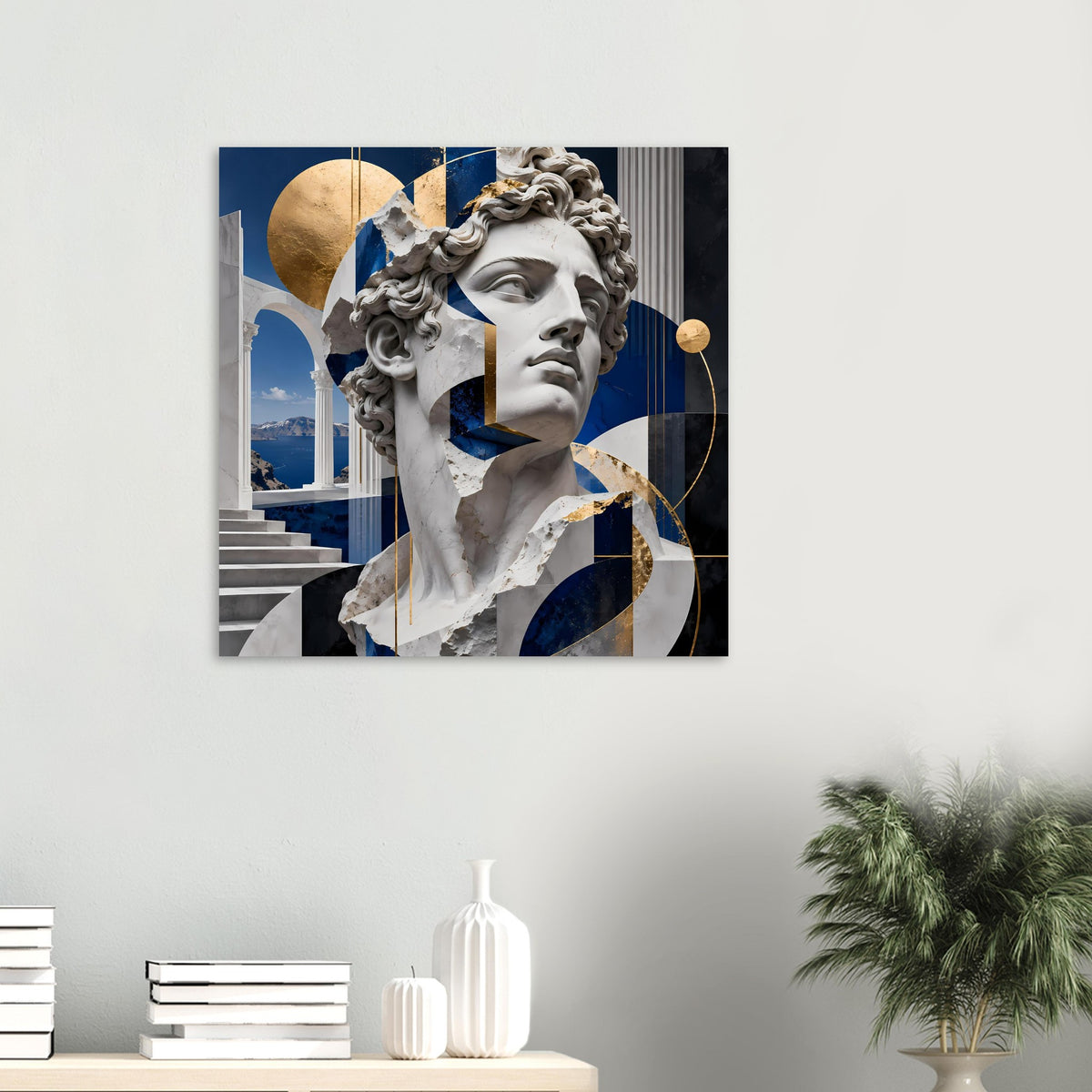 Quadratisches Poster mit klassischer Marmor-Büste und blau-goldener Geometrie