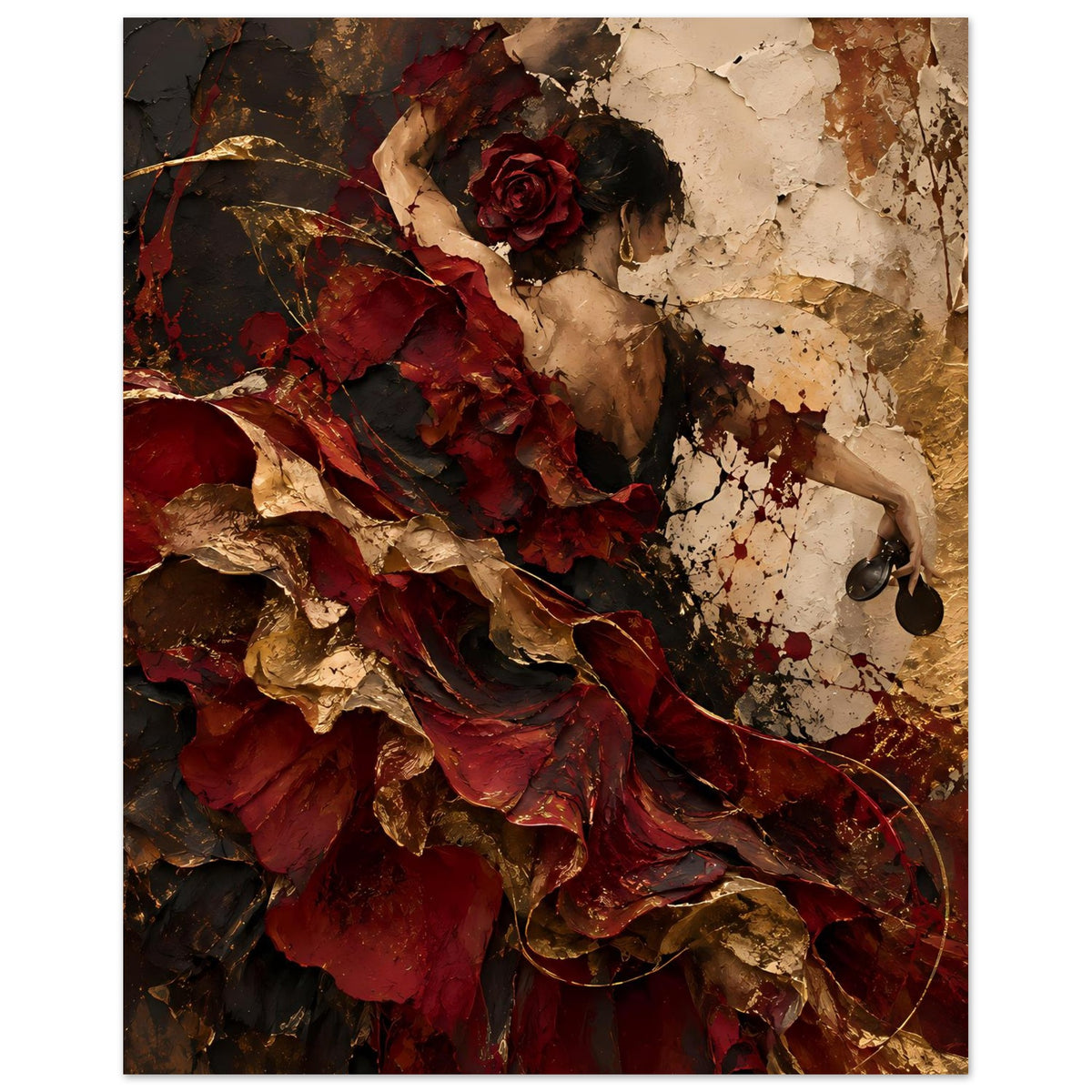 Wandkunst-Poster: weibliche Darstellung mit roter Rose, abstrakte Falten und dunkle, goldbraune Details
