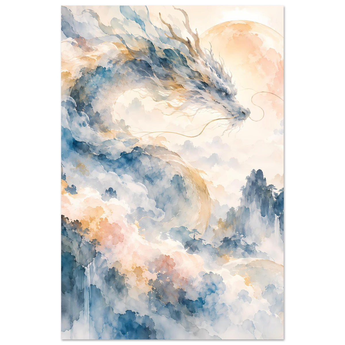 Vertikales Aquarellposter mit Drachen über Wolkenlandschaft und Bergnebeln in Blau