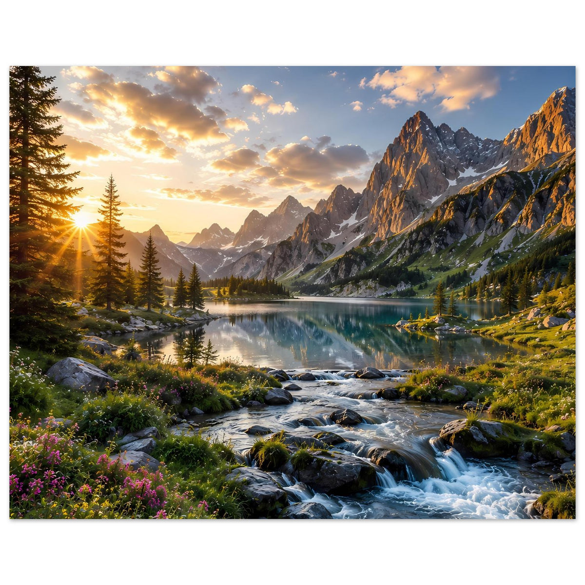 Landschaftsposter mit Sonnenaufgang, schimmerndem Bergsee, Fluss mit Felsen und Tannen