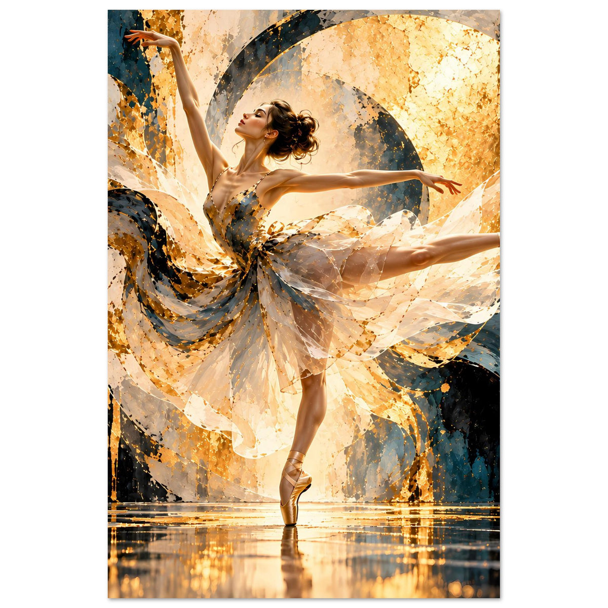 Ballett-Tanzposter mit Balletttänzerin in beiger Schürzen-Tunika, Pose mit ausgestrecktem Arm