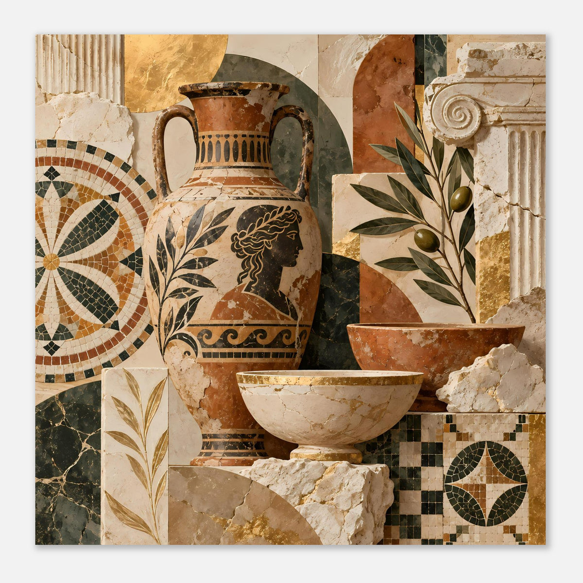 Mosaikposter mit Keramikvase, Schale und Blattornamenten in warmen Brauntönen