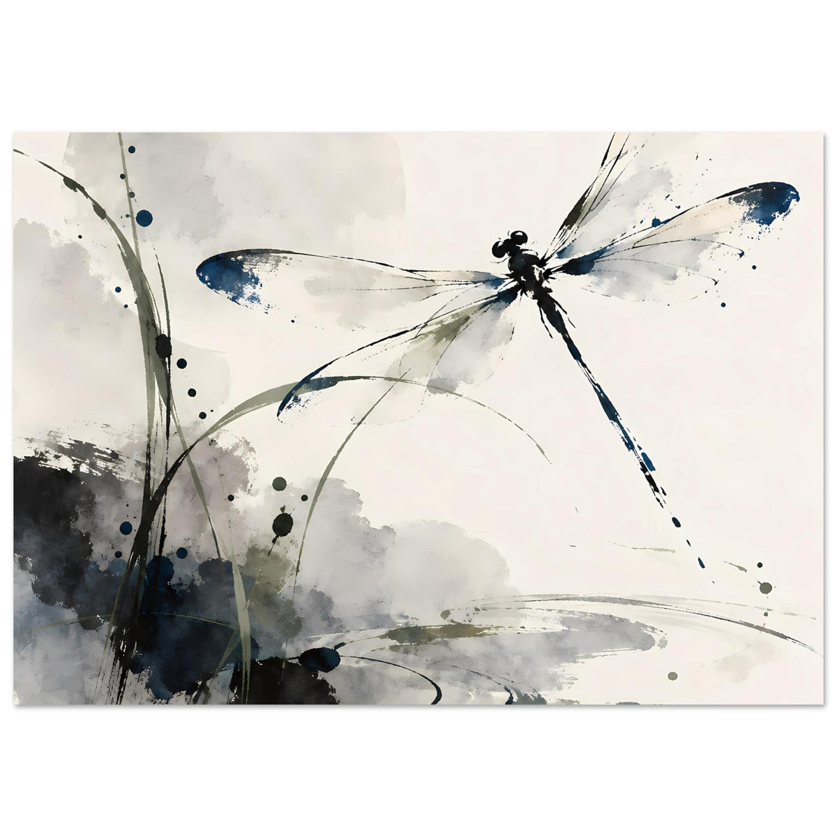 Aquarell-Poster mit blauer Libelle, grauen und schwarzen Farbflächen im Motiv