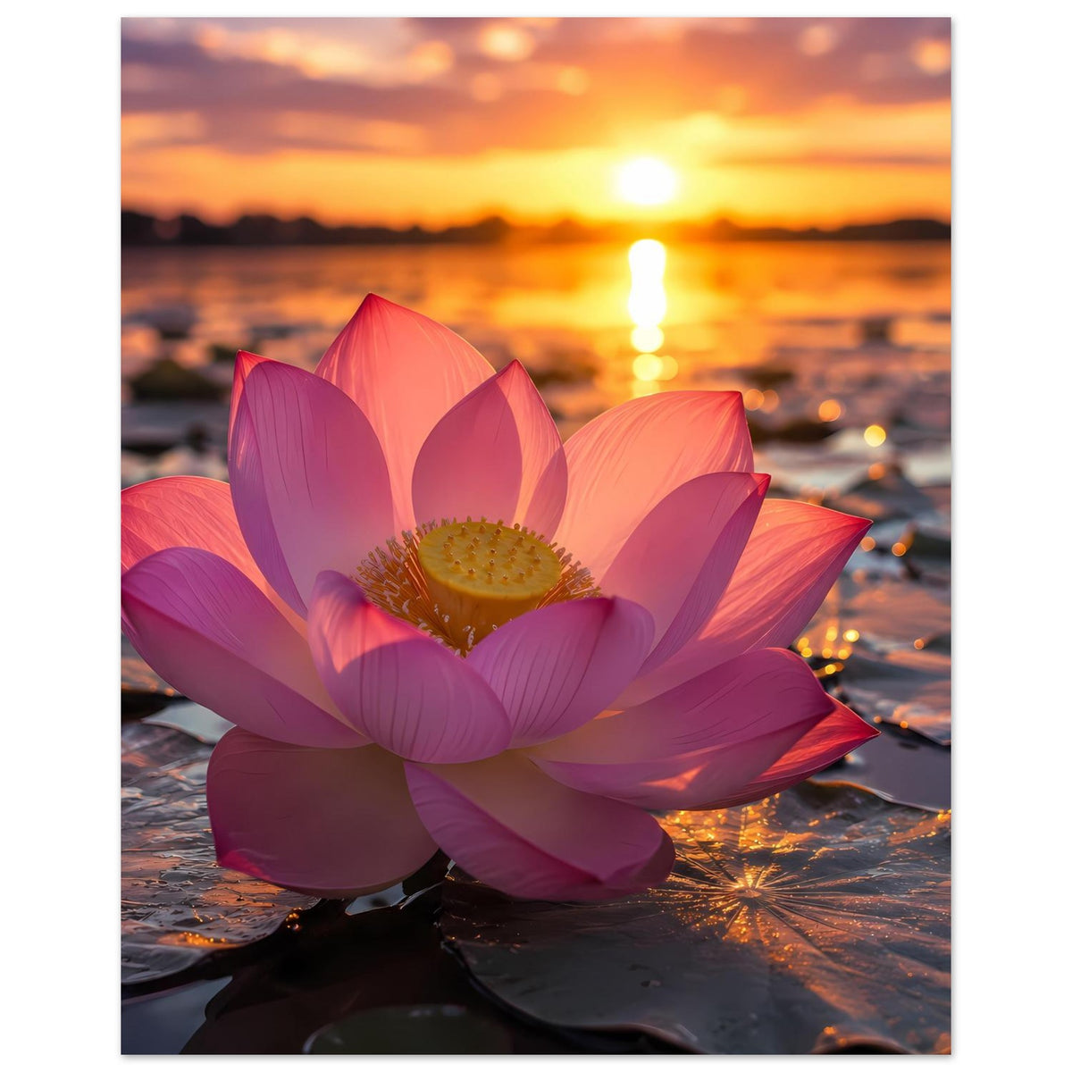 Blumenposter, hochformatig: rosa Lotusblüte mit orangefarbenem Sonnenuntergang und Wasser
