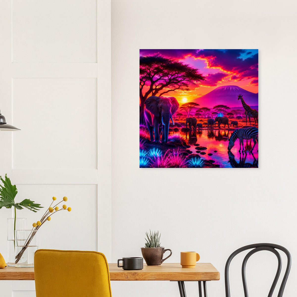 Quadratisches Poster mit afrikanischer Tierlandschaft und intensivem Sonnenuntergang