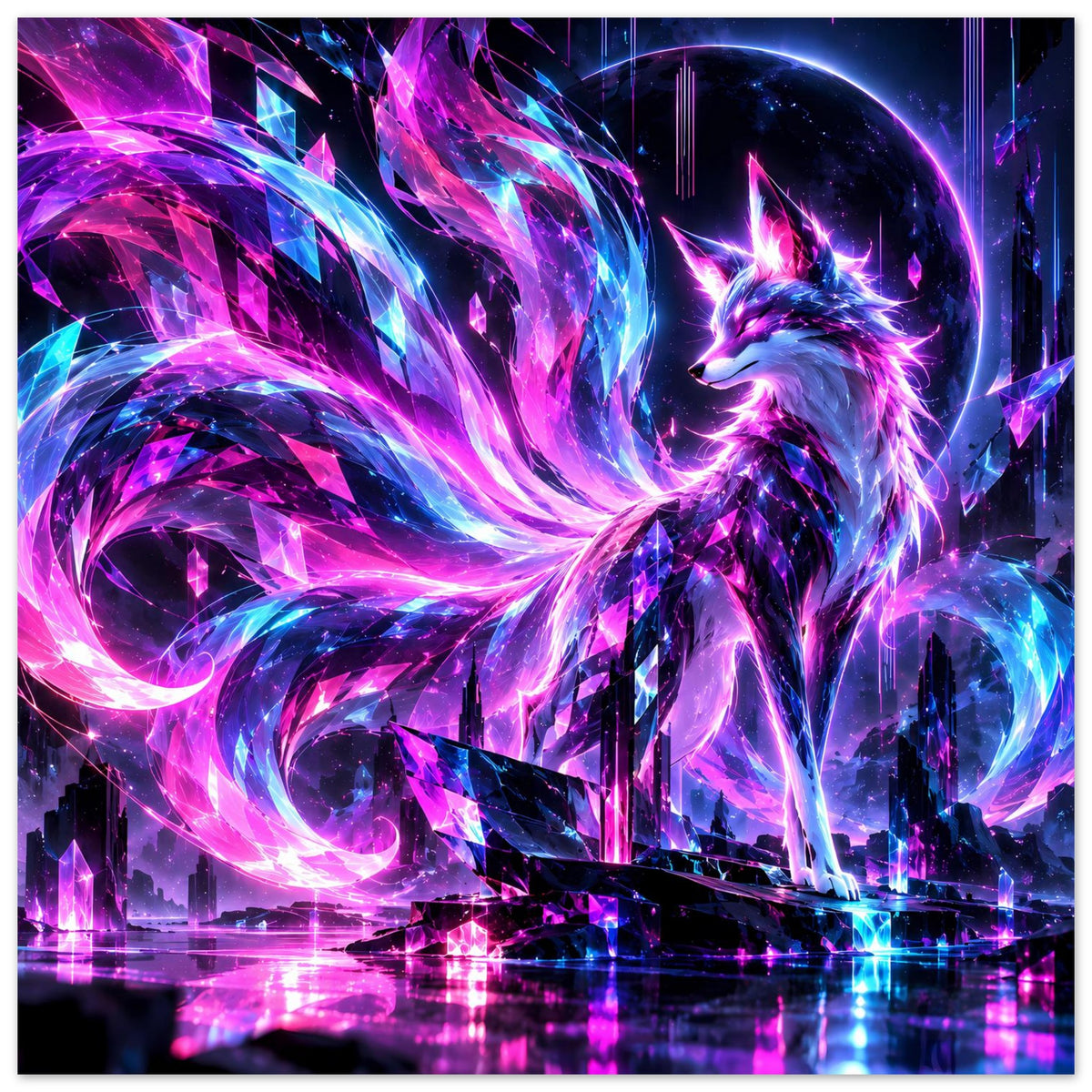 Fantasy-Poster mit leuchtendem Neon-Fuchs, violett-blauem Glanz, Türmen und Reflexion am Boden
