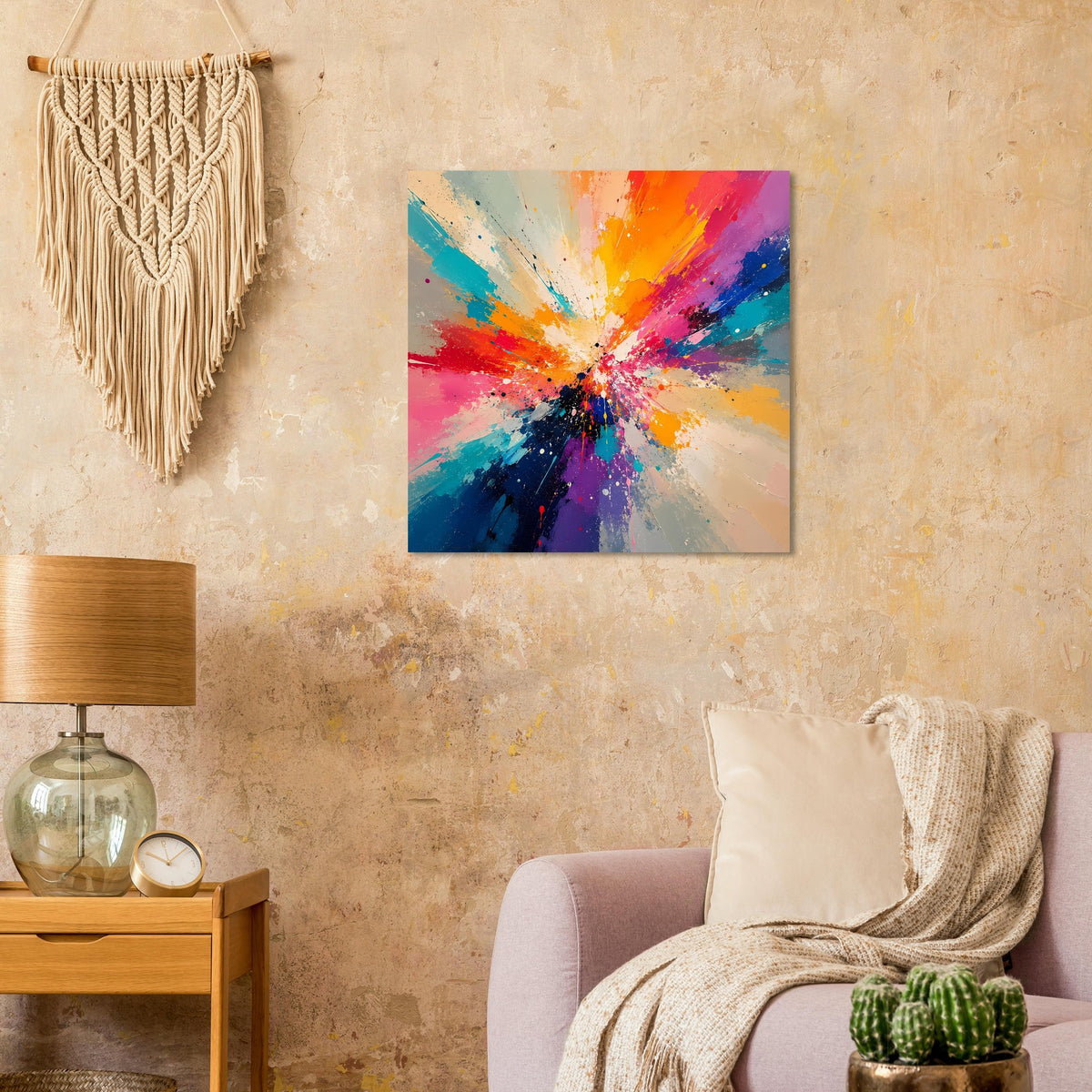 Quadratischer Kunstdruck mit abstraktem Explosionseffekt in Rot, Blau, Gelb und Violett.