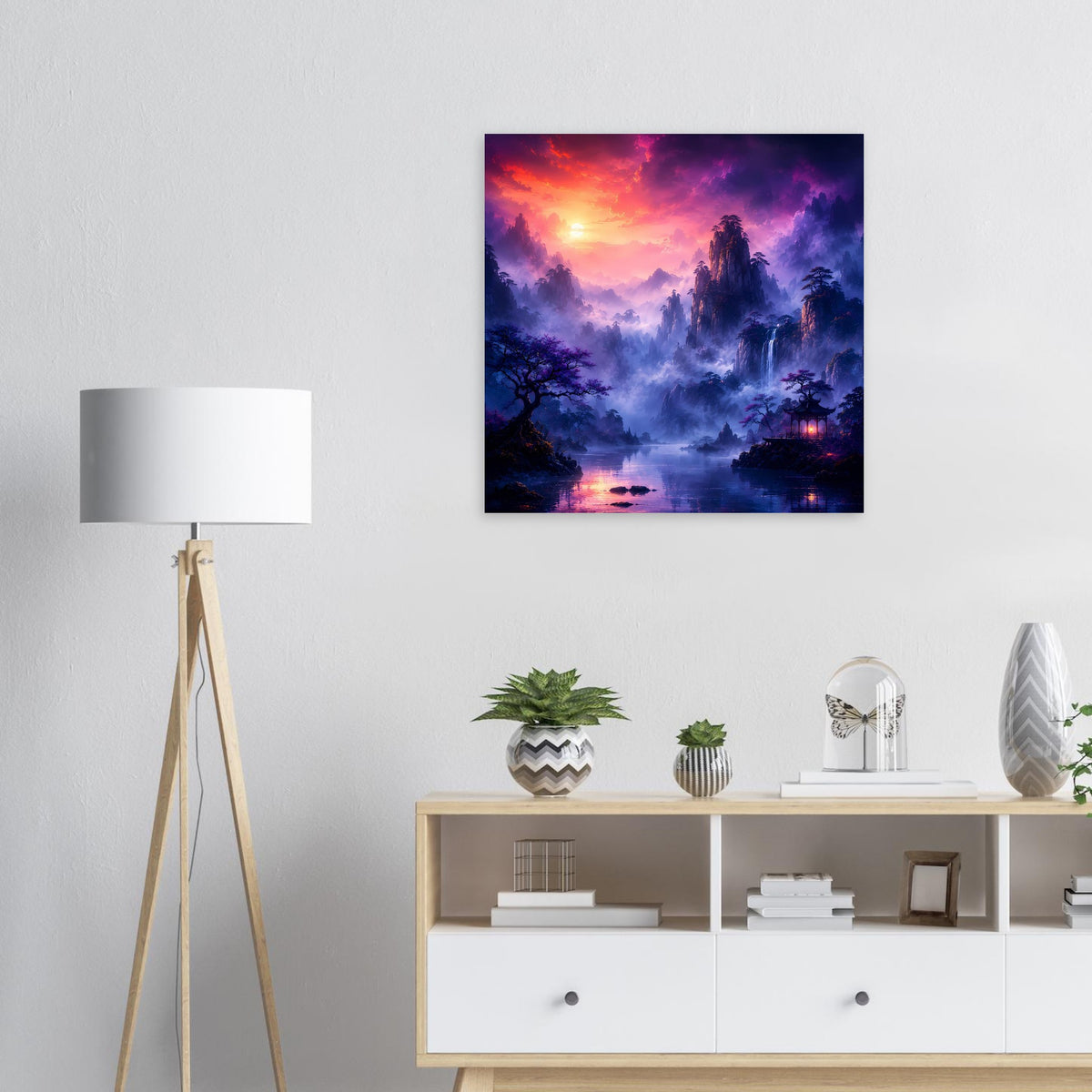Fantasy-Poster mit mystischen Felsen, Dampf/Nebel über dem See und lila Himmel