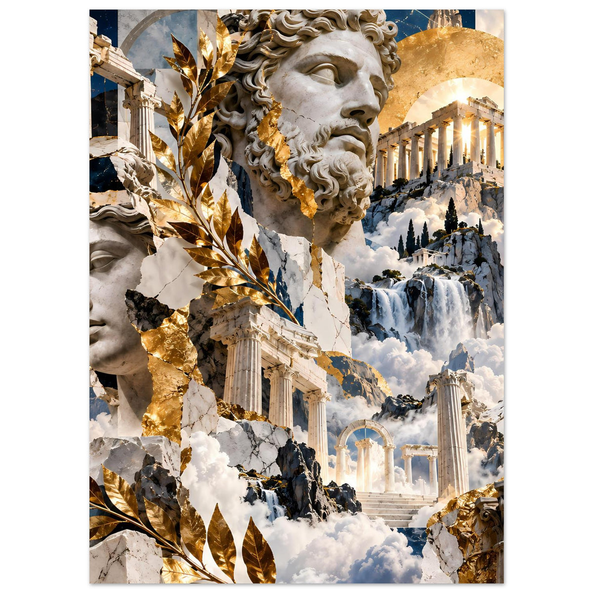Griechisches Mythologie-Collageposter mit Kopfstatue, Wald- und Berglandschaft, Säulen und Gold