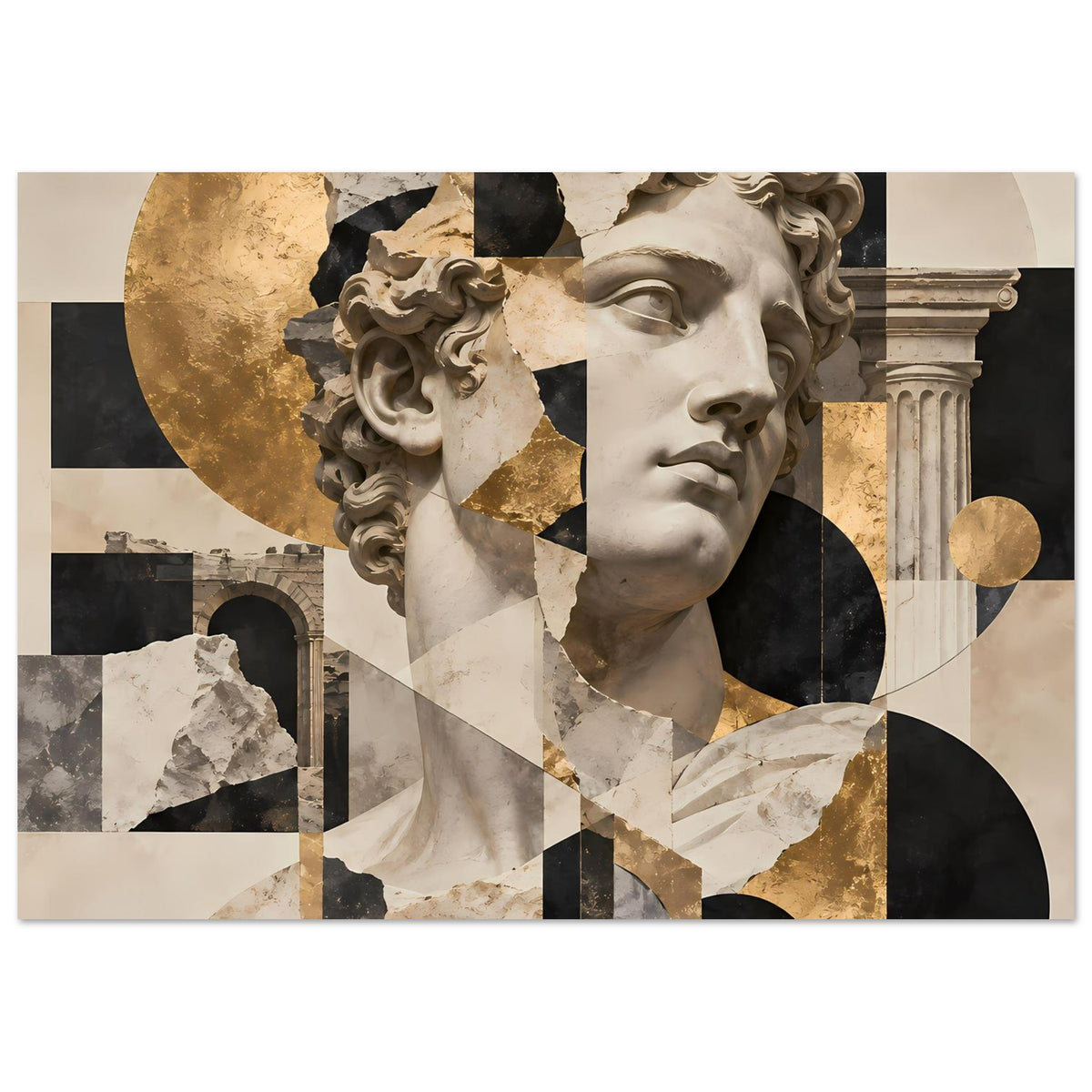 Kunstposter mit Antikem Frauenkopf, geometrischem Collage-Design und goldenen Akzenten