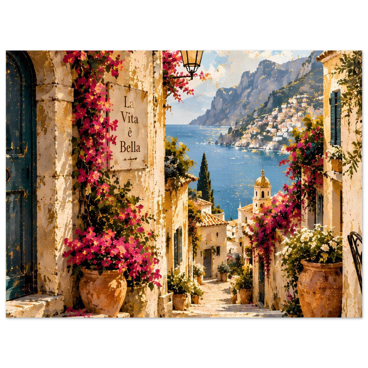 Wandposter mit Bogenportal links, Bougainvillea an Säulen und Meer zwischen Gebäuden