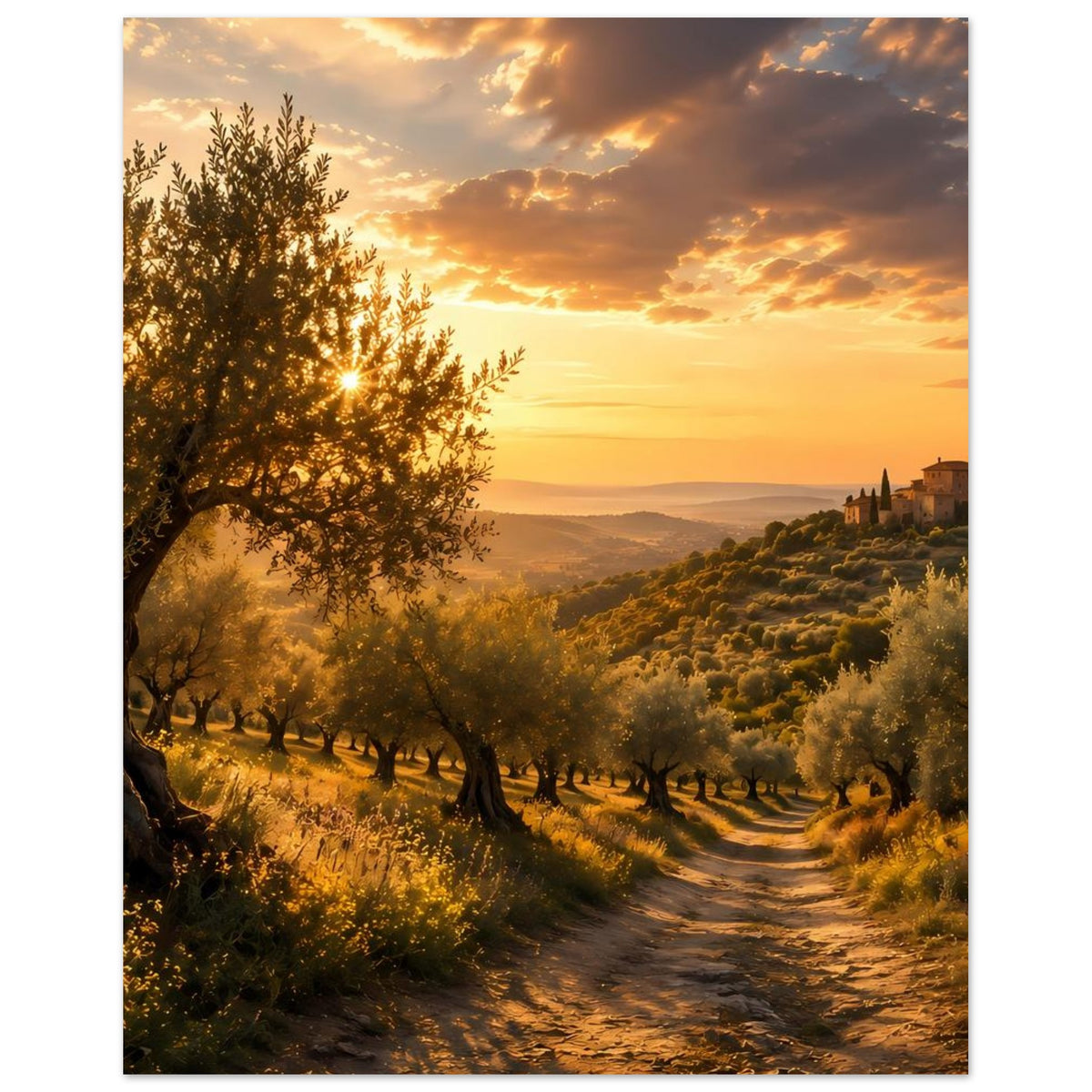 Poster mit mediterranem Olivenhain, Feldweg und Dorf im goldenen Abendhimmel