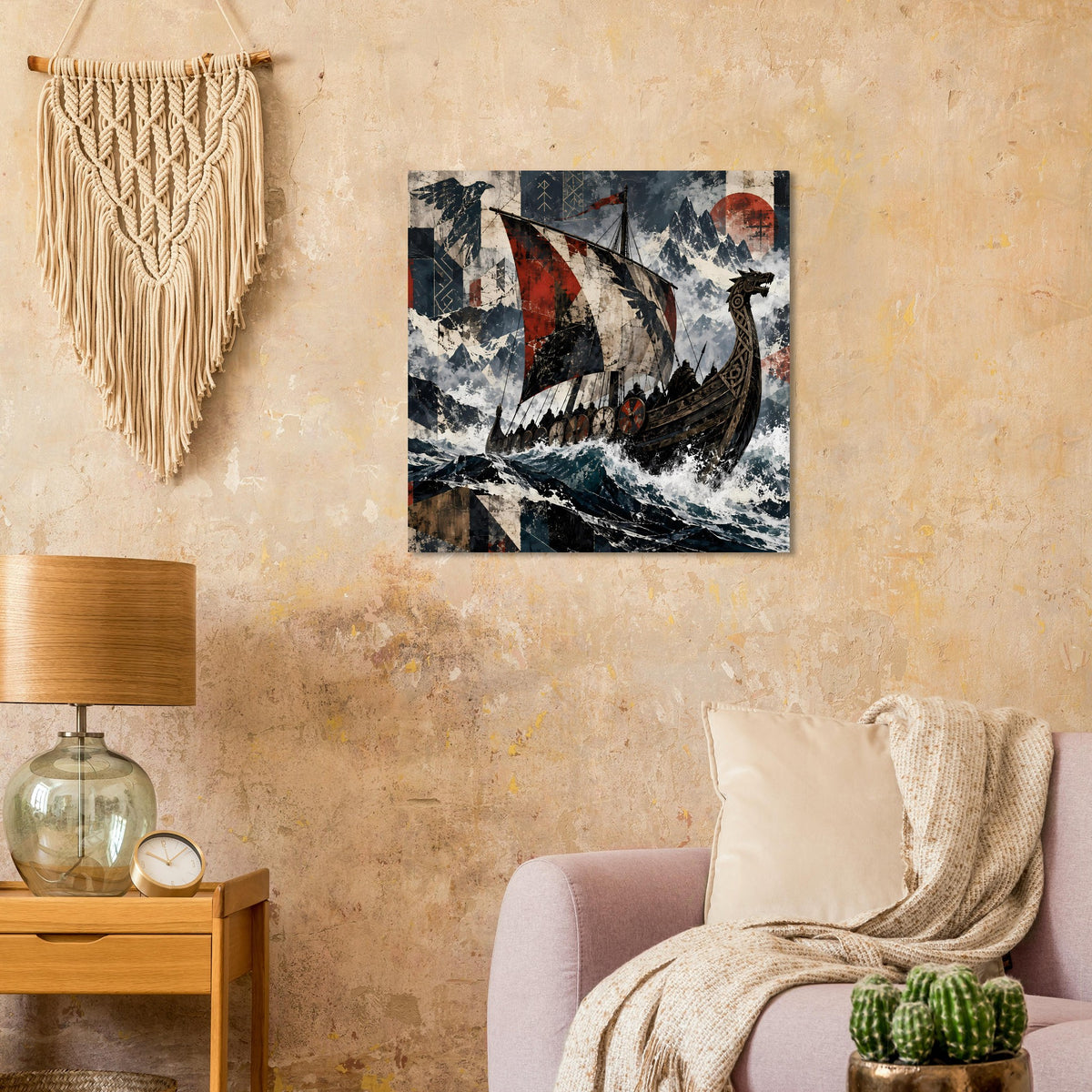 Wandposter mit Wikinger-Langschiff, roter Segelfahne, dunklem Boot und schäumender See