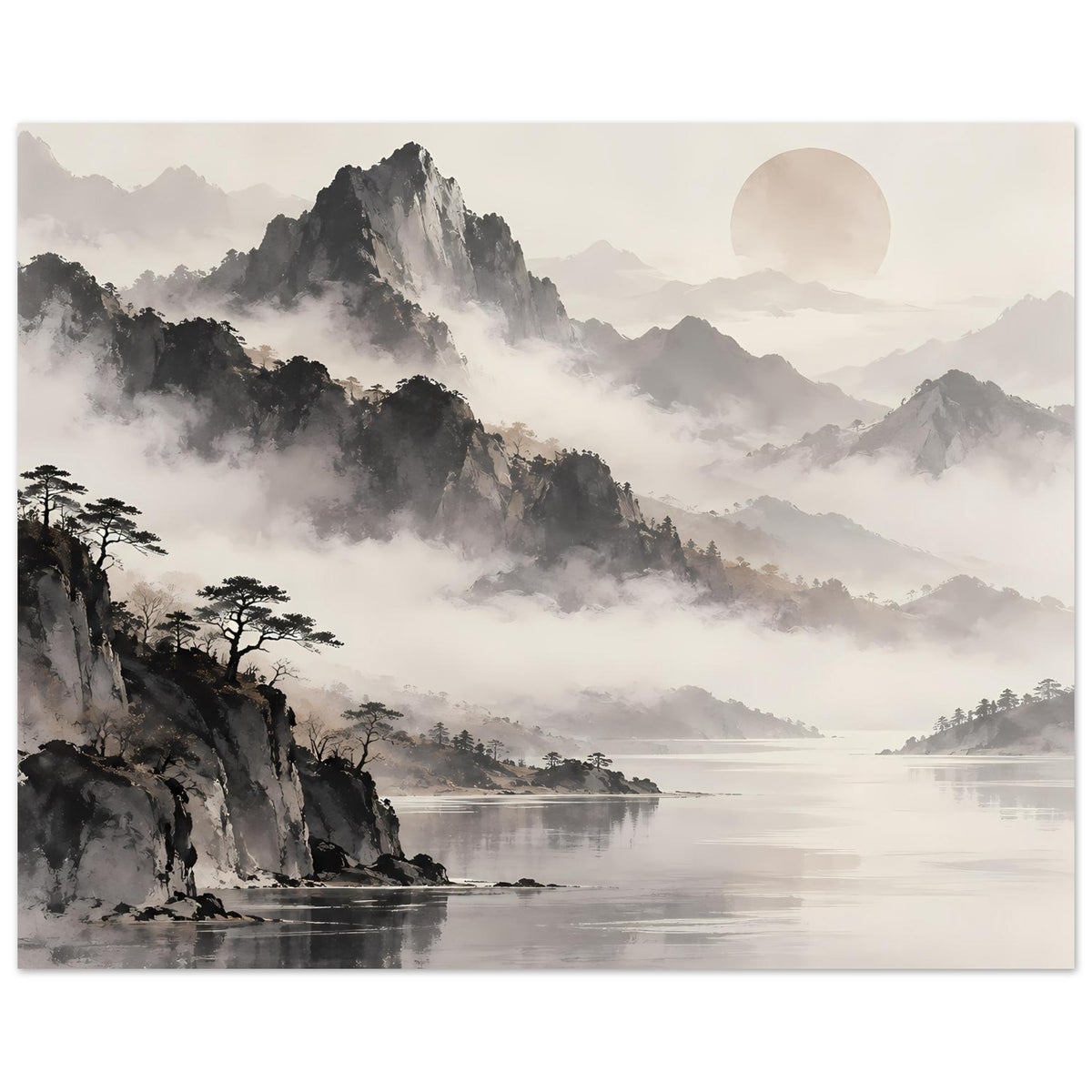 Poster im Rahmen: Nebelige Berge über Wasser, ruhiger Flussverlauf, Baum-Silhouetten, Kreis am Himmel