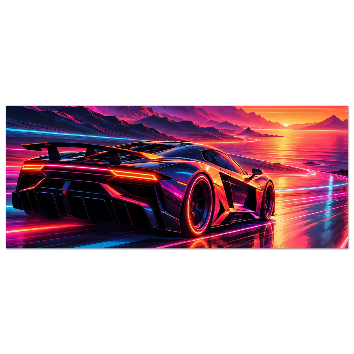 Breites Poster: Supercar im Vordergrund mit dunklem Karosseriedesign und Neon-Kanten