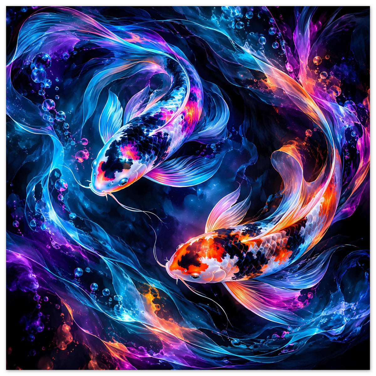 Hochformat-Poster: zwei leuchtende Koi-Fische mit bunten Flossen in Blau, Lila und Orange