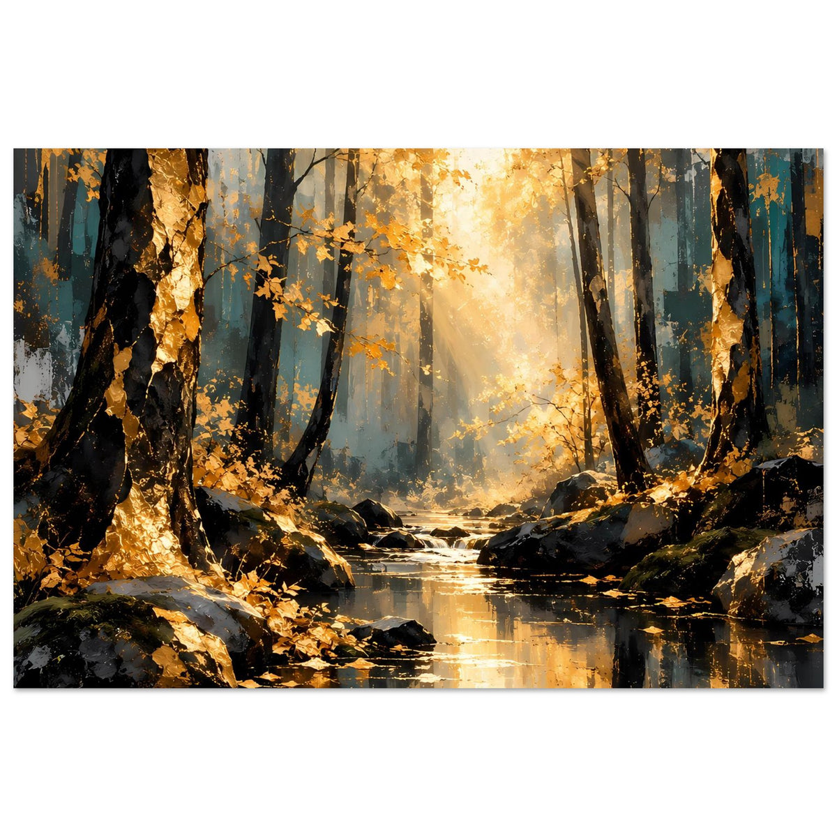 Herbstwald-Poster, horizontal: Bäume im Gegenlicht, Fluss mit leuchtender Reflexion