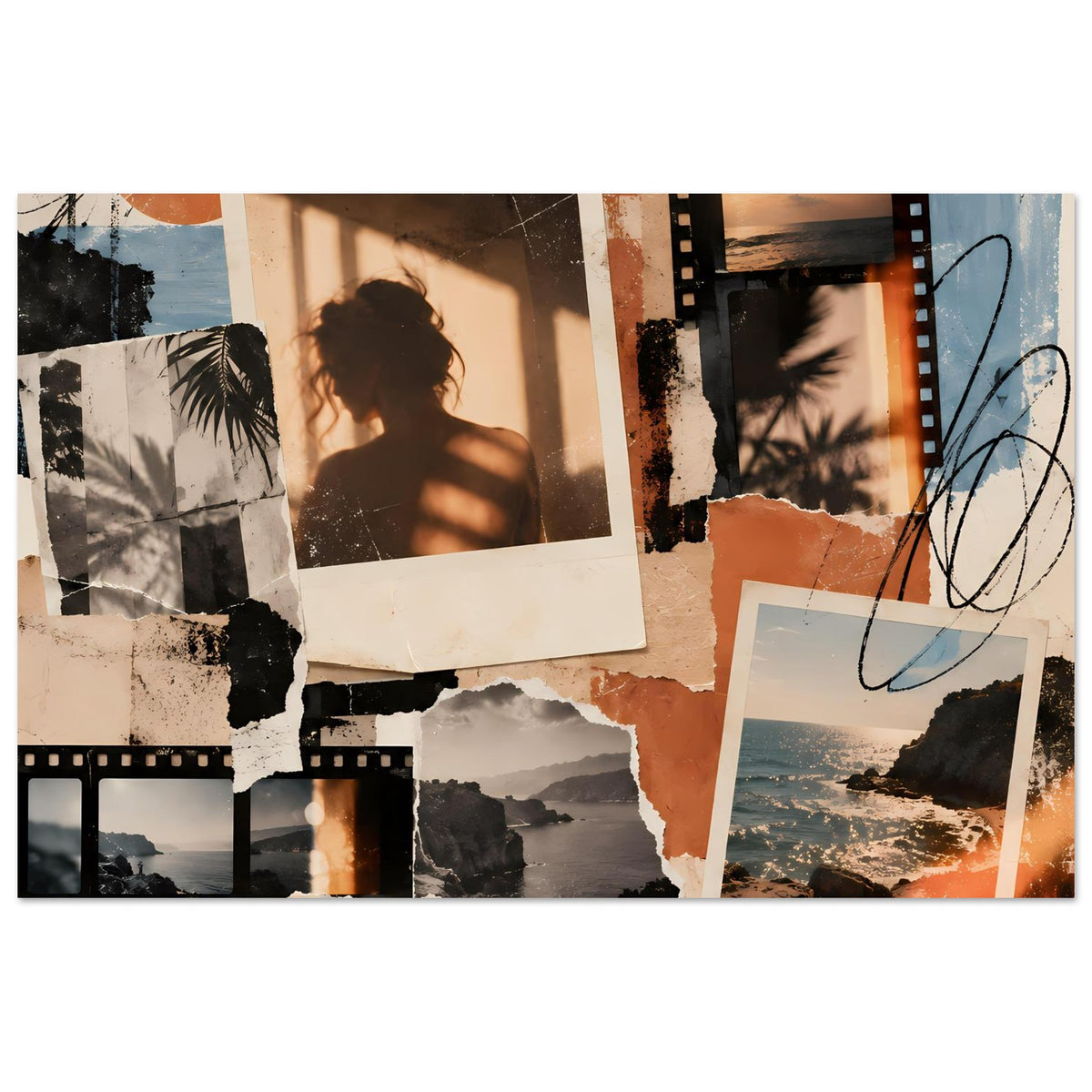 Vintage-Collageposter mit Aktfoto, Meer- und Landschaftsprints sowie schwarzen Filmstreifen