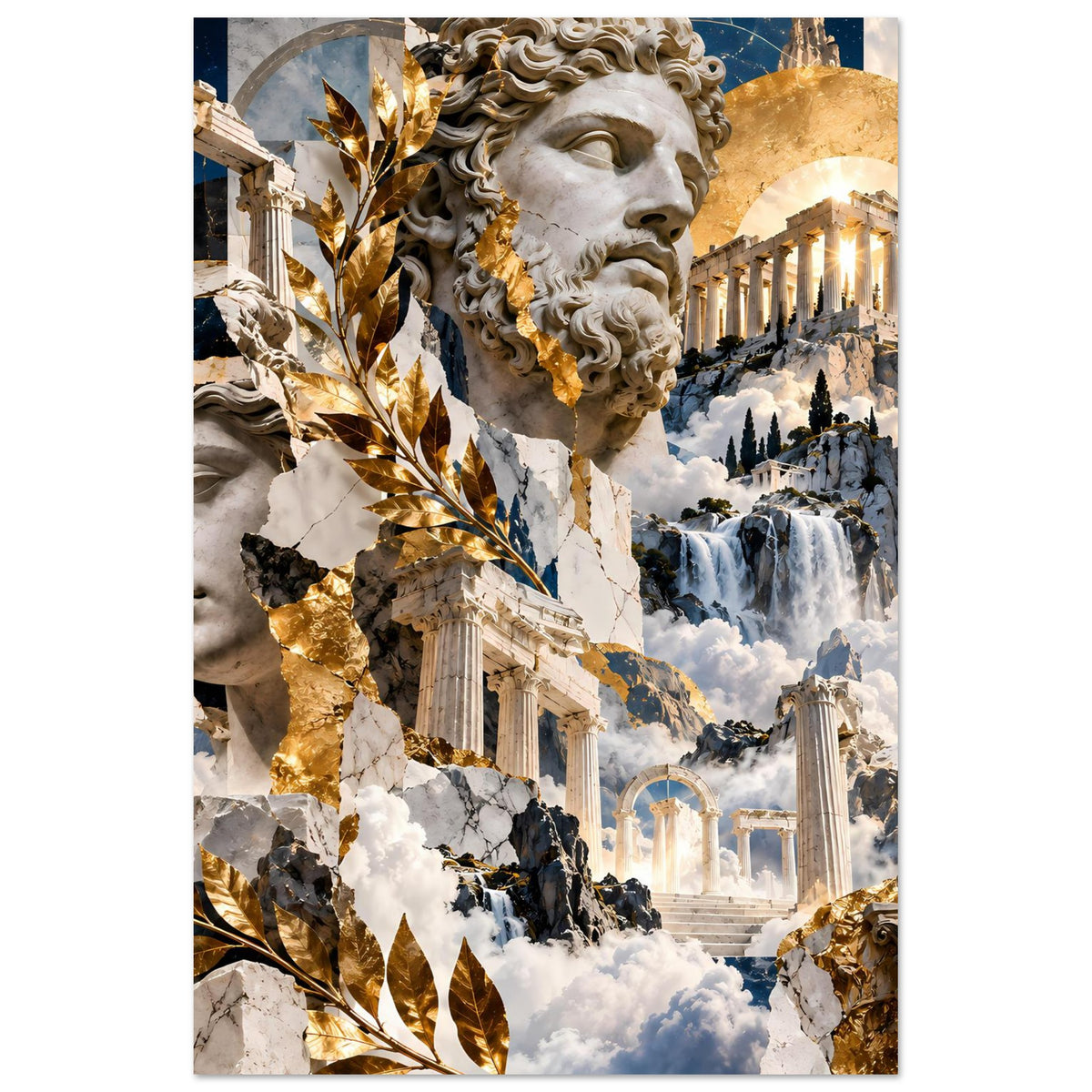 Hochformat-Poster mit griechischer Mythologie: bärtiges Profil, Säulen und goldener Kreis