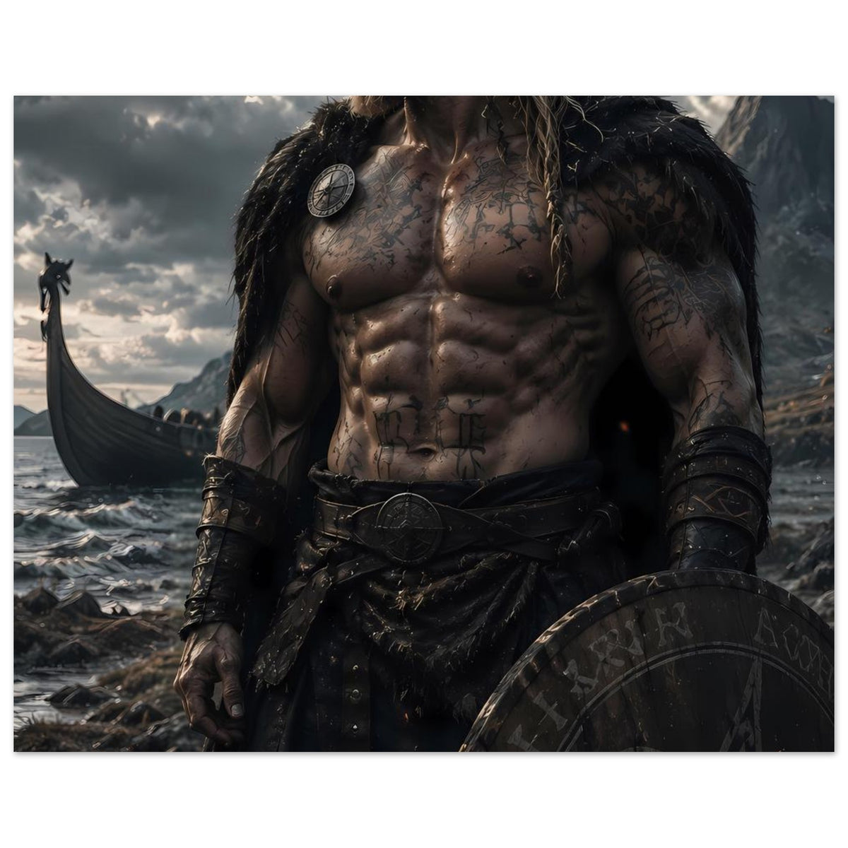 Fantasy-Vikingerkrieger-Poster: Oberkörperansicht mit Rundschild, Gürtel und tätowierten Armen