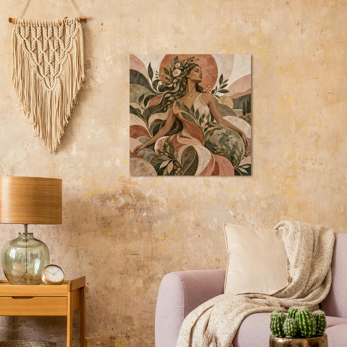 Kunstposter mit Frau im floralen Motiv, von Blättern und Blumen umrahmt, in Erdtönen