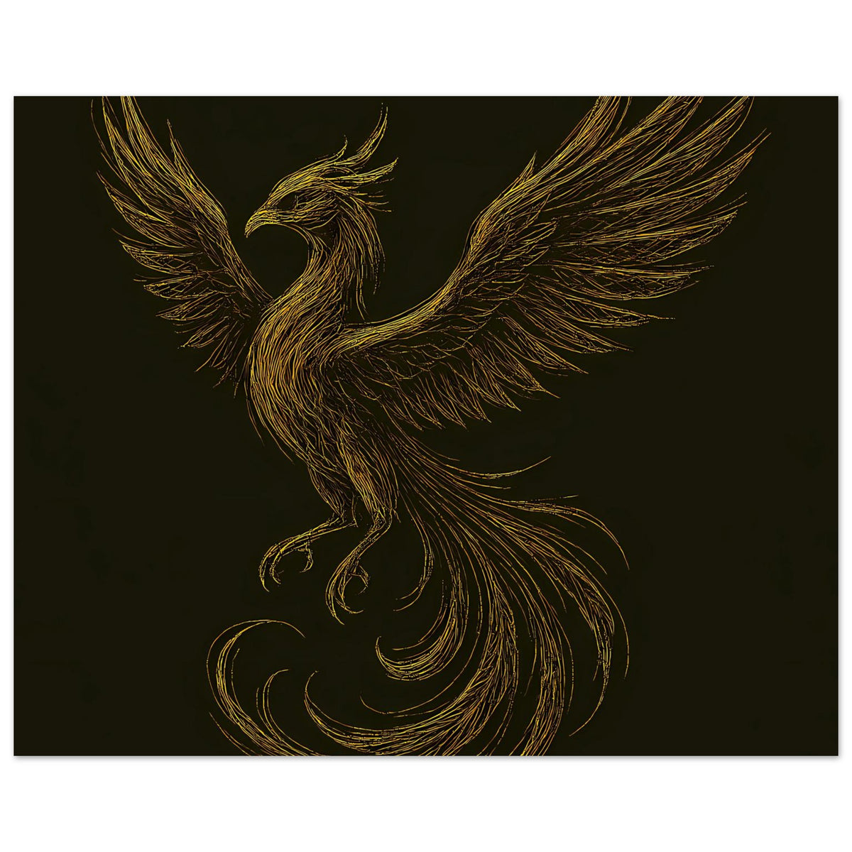 Breites Poster mit goldenem Phönix in der Mitte, Flügel weit geöffnet