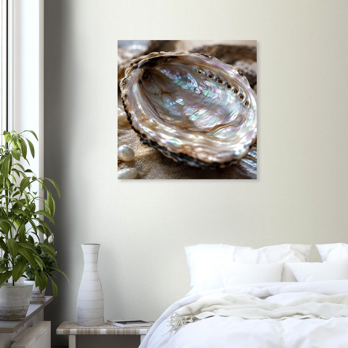 Quadratisches Poster zeigt Abalone-Muschel mit blau-grün schimmerndem Perlmutt
