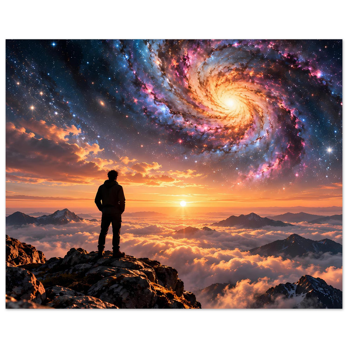 Wandposter im Querformat: Mann als Silhouette auf Felsen, Galaxie am Himmel, goldener Sonnenrand