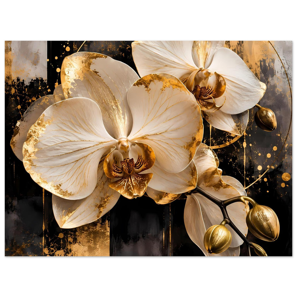 Querformat-Poster mit weißen Orchideenblüten und goldenen Kapseln im Motiv