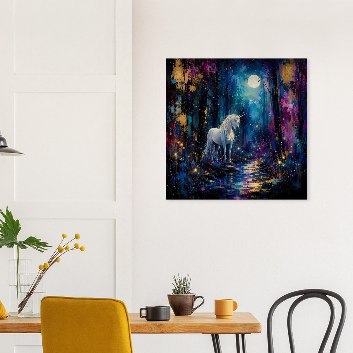 Poster mit weißem Einhorn im Sternenlicht, leuchtendem Mond und lila-blauem Wald