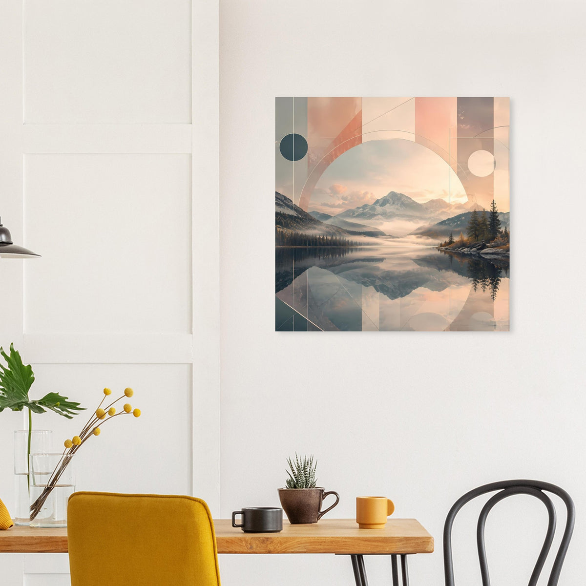 Quadratisches Poster mit abstrakter Landschaft, Pastellfarben und überlagerter Kreisform
