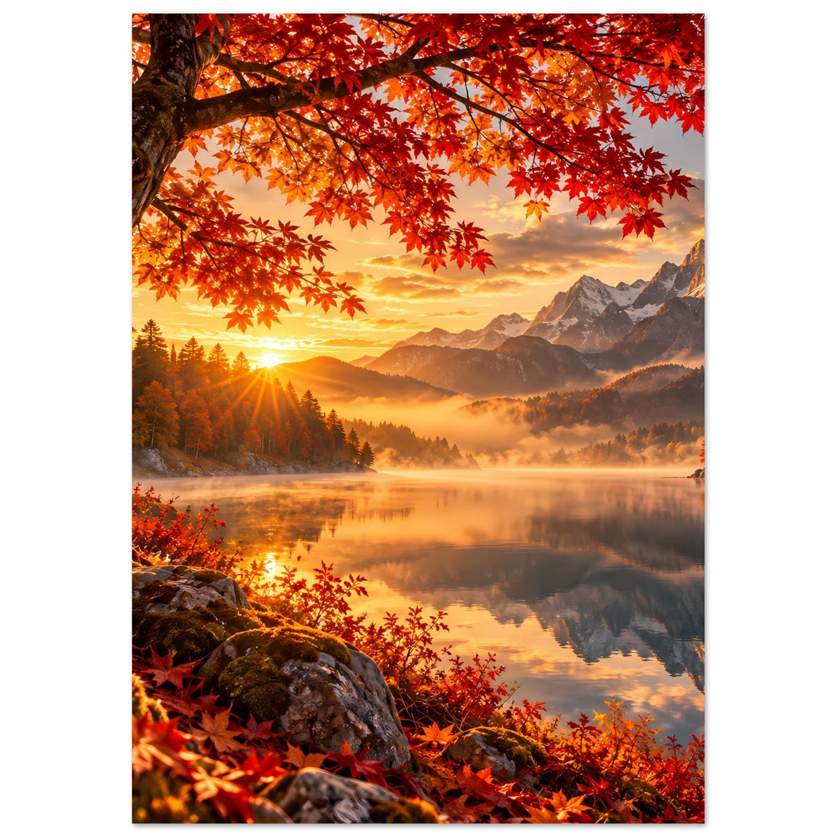 Herbstlandschaft-Poster hochformatig: Baumzweige mit roten Blättern, Sonnenaufgang über Bergsee
