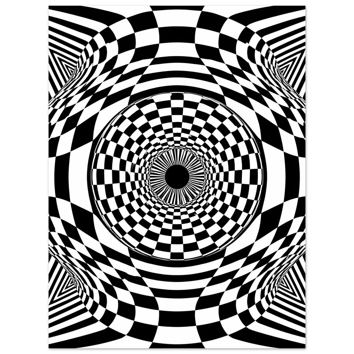 Poster mit schwarz-weißem Schachbrettkreis, gewellten Linien und hypnotischer Sogwirkung