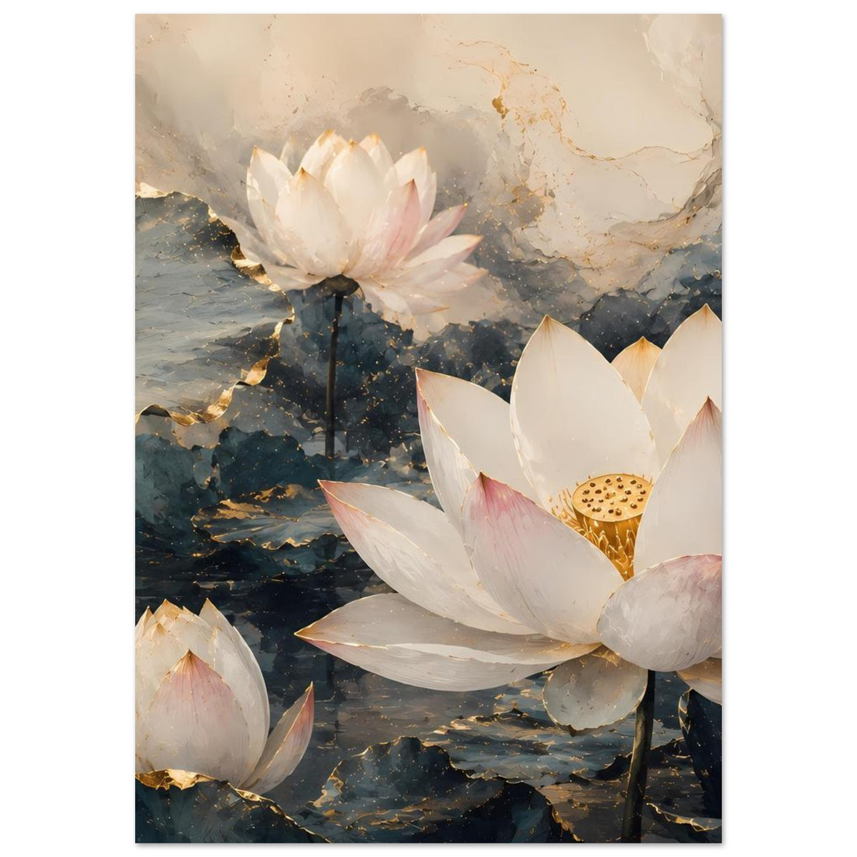 Lotusblumen-Poster mit weißen und rosafarbenen Blüten, goldakzentuierte Struktur im Hintergrund