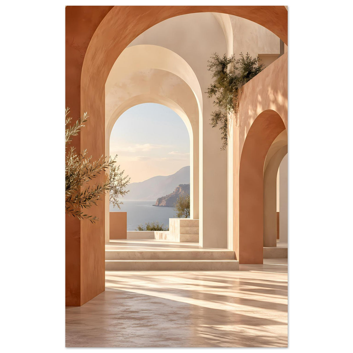 Mediterranes Poster mit Rundbögen und Fensterblick auf Berge und Wasser, warme Erdtöne