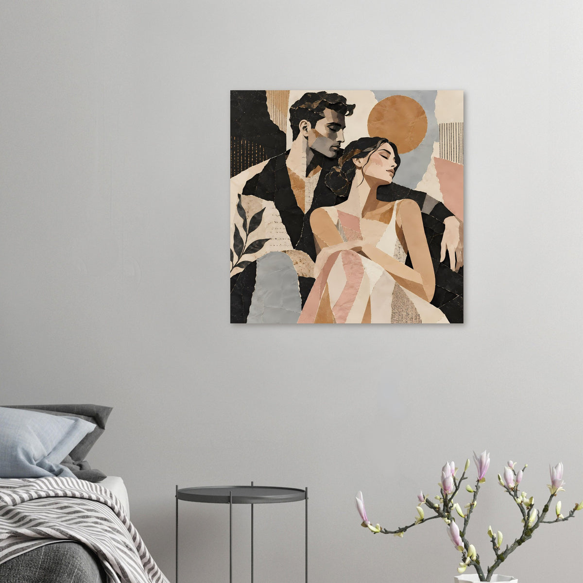 Kleines Kunstposter mit abstraktem Paar, warmen Erdtönen, schwarzen Formen und hellen Kreisflächen