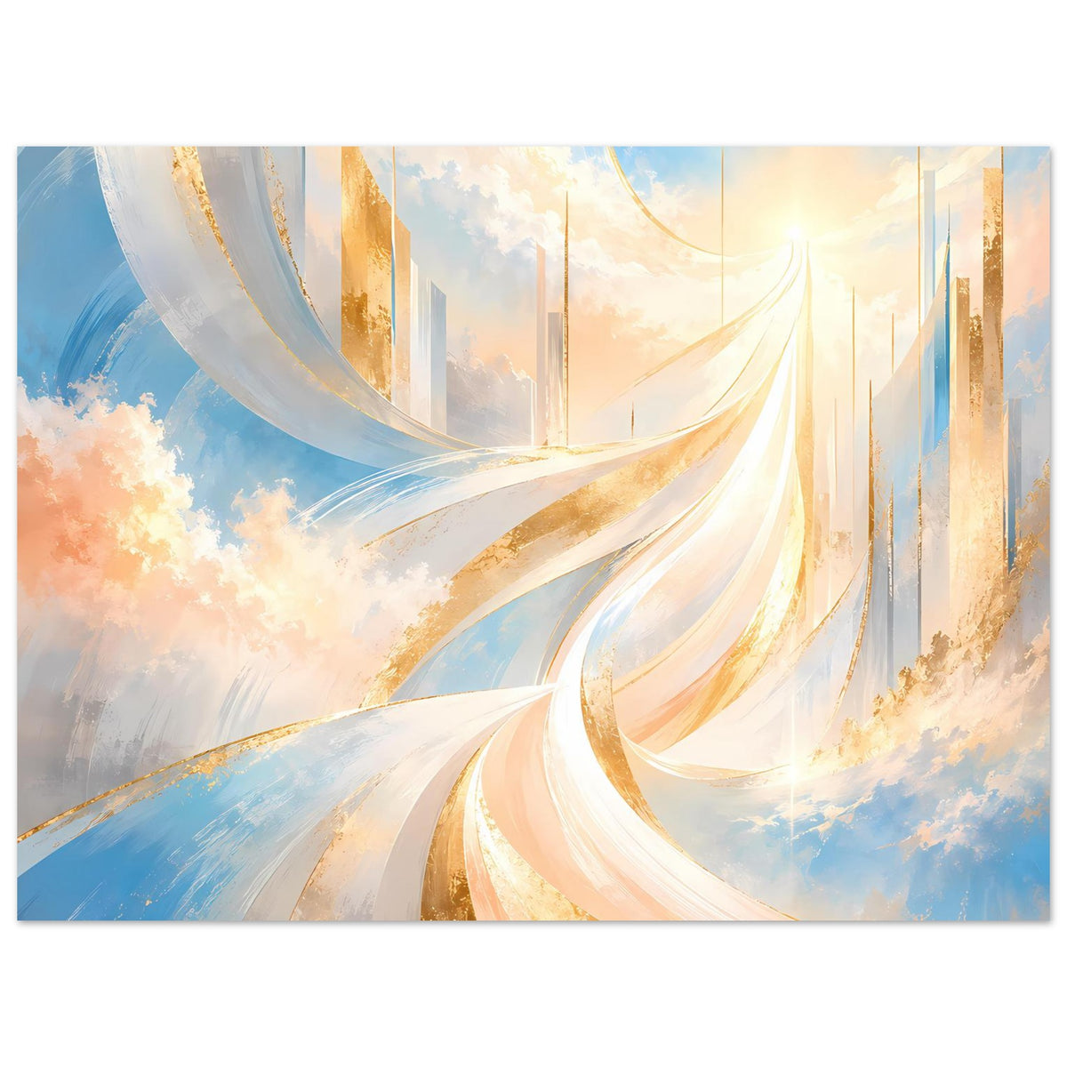 Abstraktes Poster im Panoramaformat mit goldenen Linien und weißen Kurven in Blau