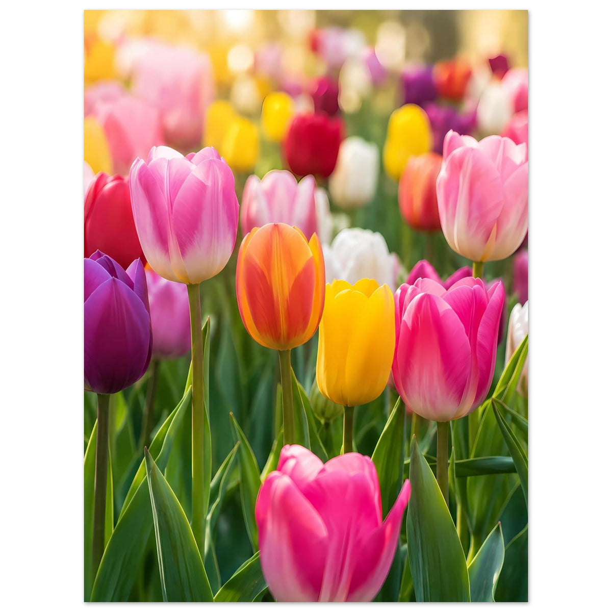 Tulpen-Blumenposter im Hochformat: pinke, violette und orange Tulpen mit grünen Stielen