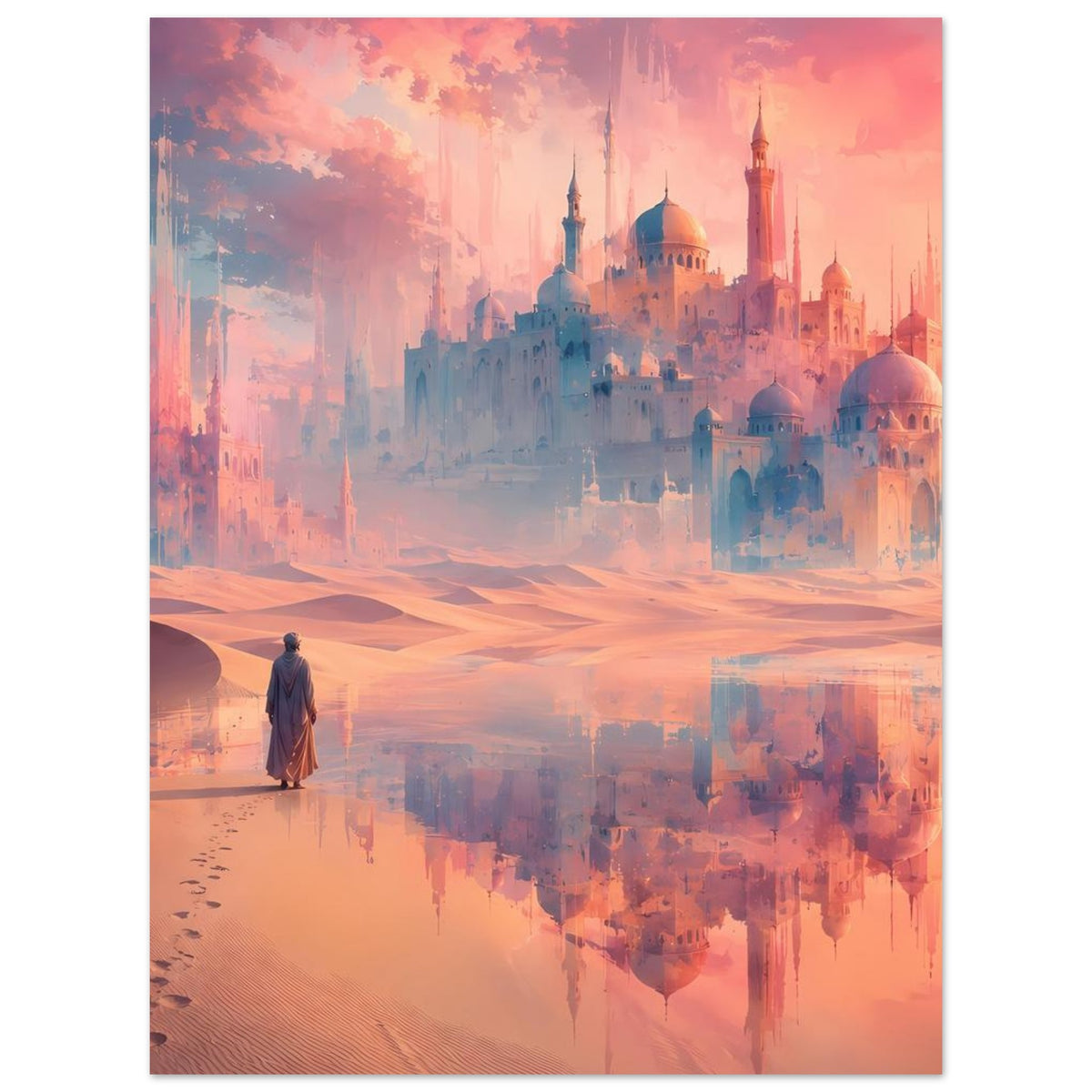 Wandposter orientalischer Palast über Sanddünen, Figur im Vordergrund und Reflexion