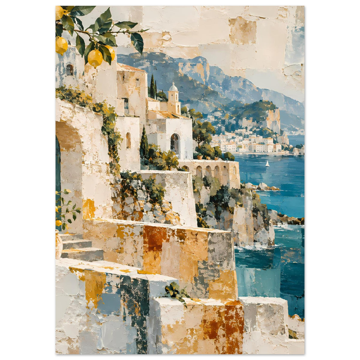 Kunstposter mit Steintreppe und Häusern in Ocker, tiefblaues Meer, Küste mit Türmen