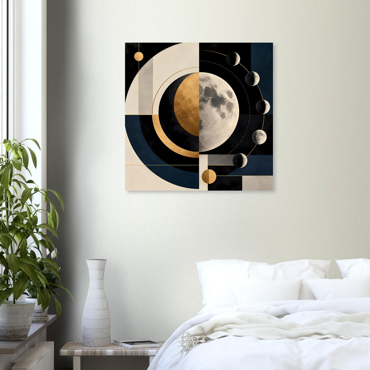 Quadratischer Kunstdruck mit Mond-Illustration: große Scheibe, Halbmonde und dunkle Kreisformen