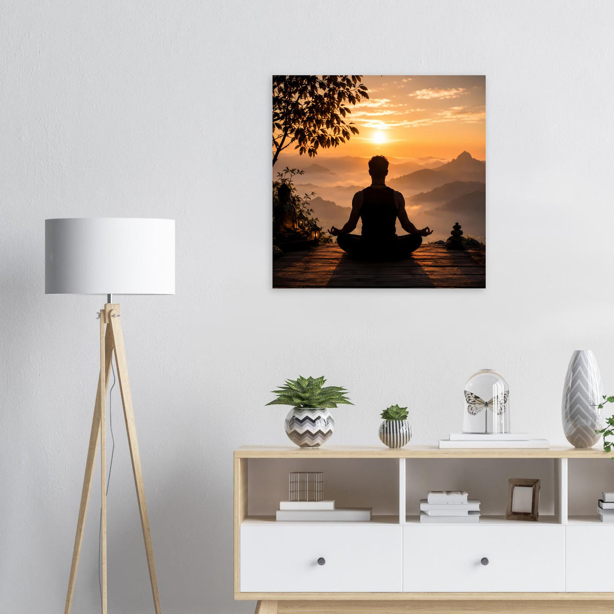 Gerahmtes Meditationsposter im Quadratformat mit meditierender Silhouette bei Sonnenuntergang