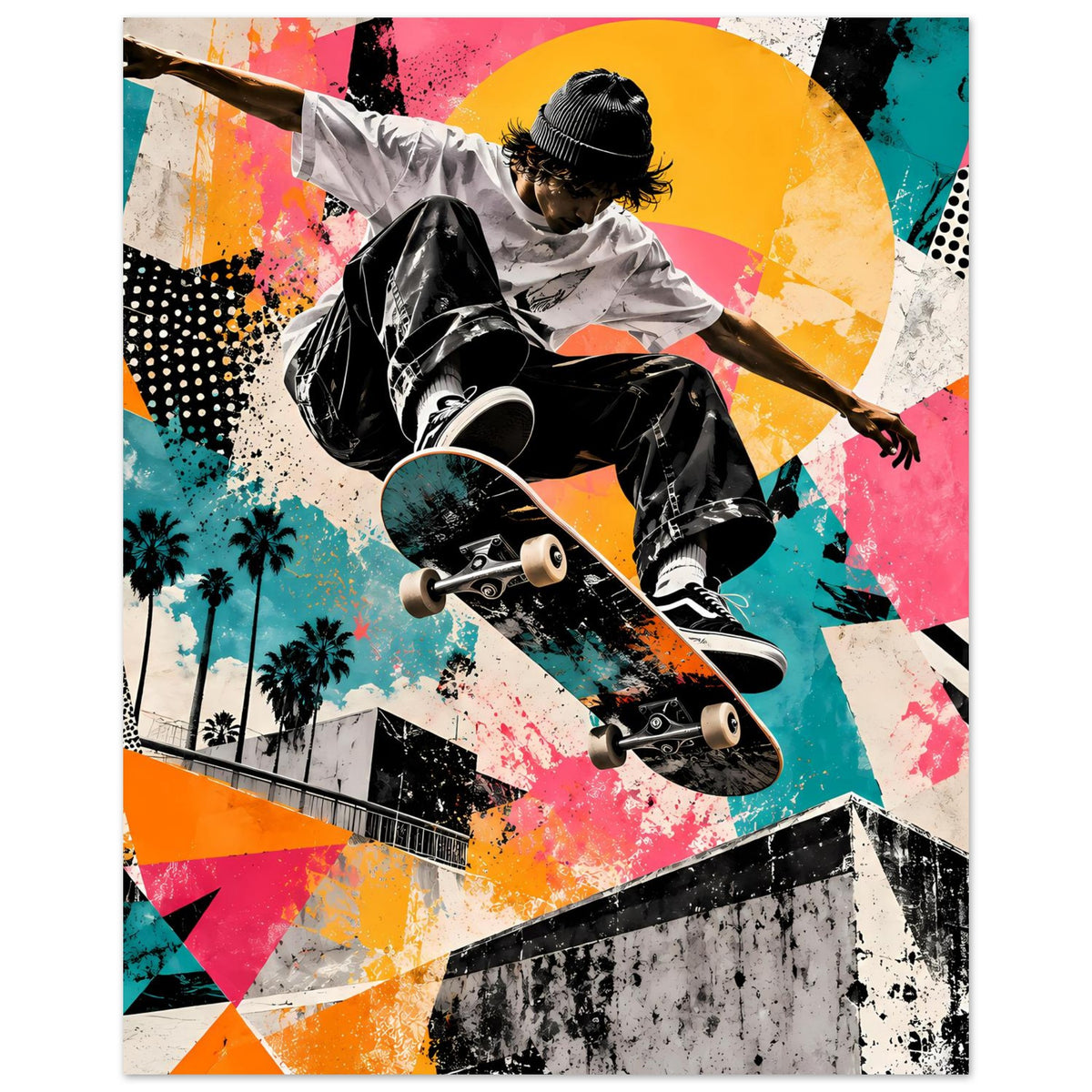 Street-Art-Poster mit Skateboarder, Skateboard mittig, bunte Neon- und Sprenkelgrafik