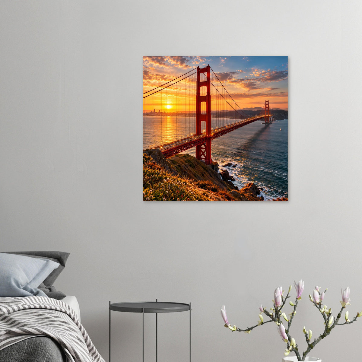 Kleines Golden-Gate-Brückenposter im Sonnenuntergang, horizontales Motiv mit Meer und Brücke