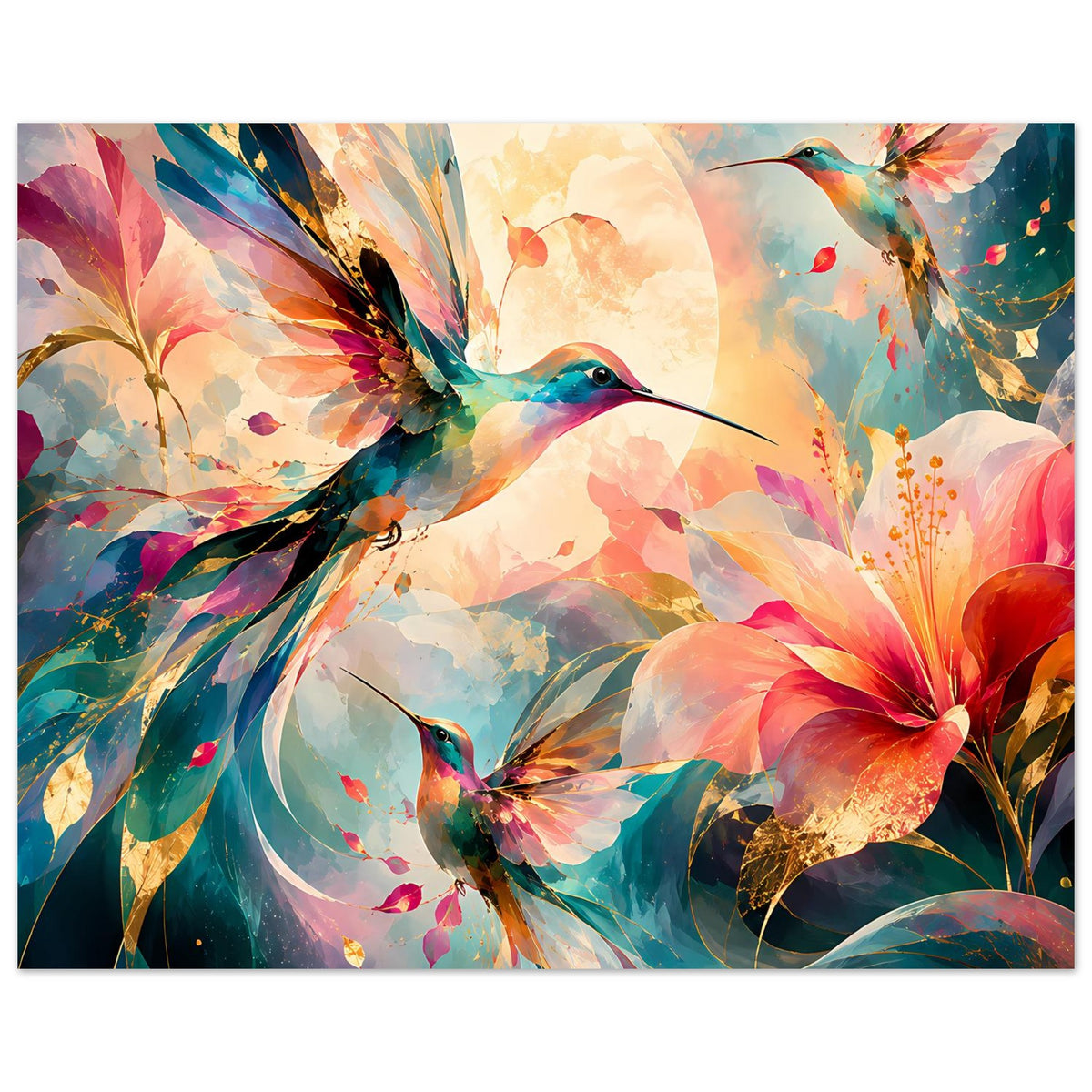 Gerahmtes Breitformat-Kunstposter: Kolibri über Blüten, Aquarellfarben und Farbverläufe