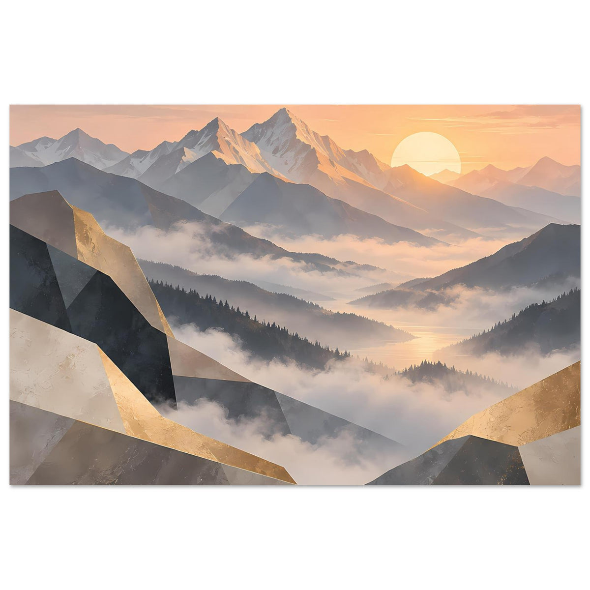 Hochformat-Poster: Berge im Sonnenaufgang, sanfte Pastelltöne, goldene geometrische Akzente