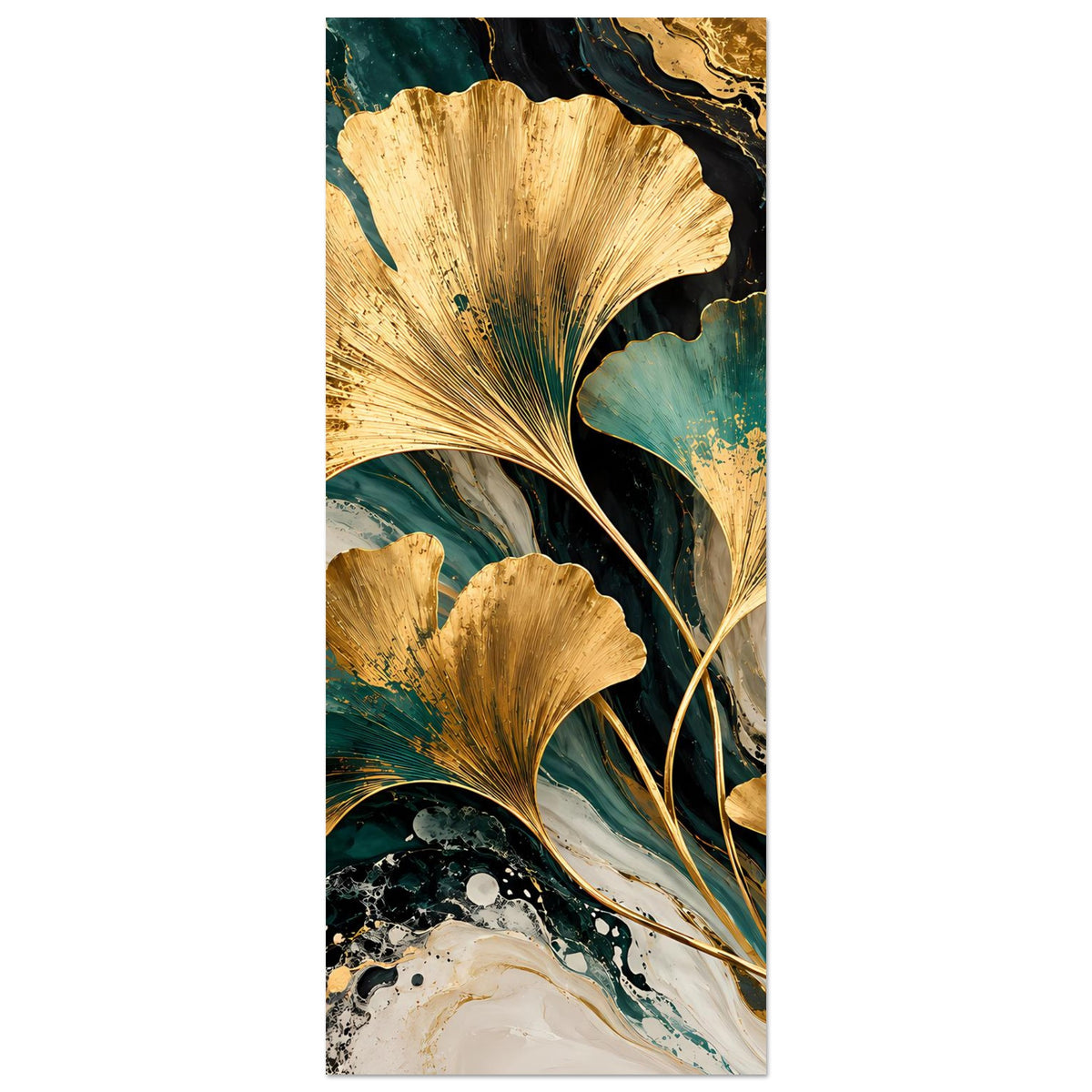 Naturposter im Hochformat mit goldenen Ginkgo-Blättern auf türkisgrünem und beigem Hintergrund